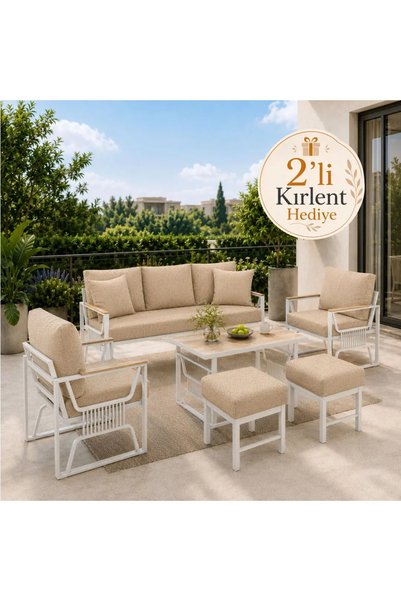 UFUK HOME Rosa Krem 3+1+1 Masalı BEJ 2 Puflu Bahçe Oturma Grubu – 2 Kırlent H...