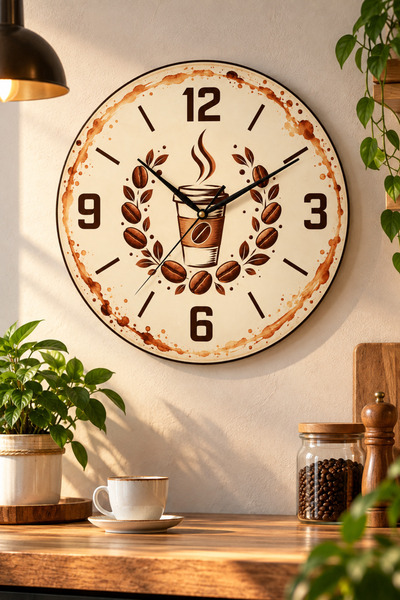 AA Shop Ceas de perete decorativ imprimat UV, tematică cafea, 45 cm, din lemn...