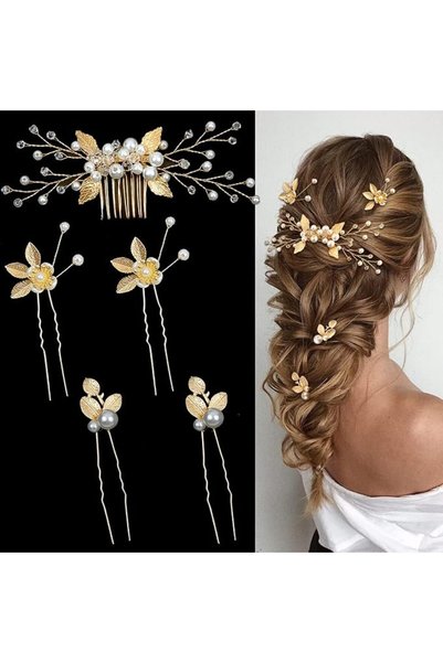 GENERAL 5 Pieces Gold Bridal Wedding Hair Combs Pearl Hair Pins Clips Headpie...