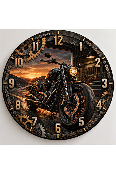 AA Shop Motor Temalı 45 Cm Ahşap Sessiz Akar Mekanizmalı UV Baskılı Dekoratif Duvar Saati Hediyelik 1112