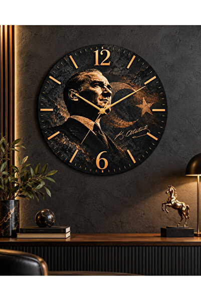 AA Shop Atatürk Temalı 45 Cm Ahşap Sessiz Akar Mekanizmalı UV Baskılı Dekoratif Duvar Saati Hediyelik 1103