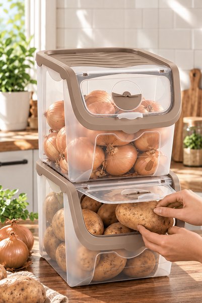 Porsima 1507 2'li Patates Soğan Saklama Kabı Seti 12 LT Cafe Latte - Ayarlanabilir Havalandırmalı Mutfak & Kiler Düzenleyici