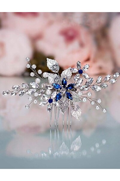 Anglacesmade Bridal Sapphire Crystal Hair Comb Pearl Blue Crystal Leaf Marqui...