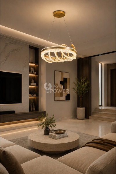 best power ثريا علاقي مودرن LED ذهبية بتصميم إطار دائري حلقات متداخلة مرصعة بالكريستال و3 إضاءات - نجفة سقف 56 واط (موديل 6387-500)