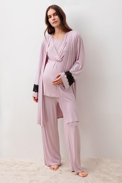 Artış Long Sleeve Polka Dot Lycra Viscose Maternity Dressing Gown Pajama Set