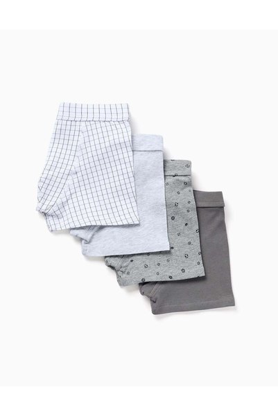 Ziddy Pack Of 4 Plain/Printed Cotton Boxer Shorts For Boys, Grey/White