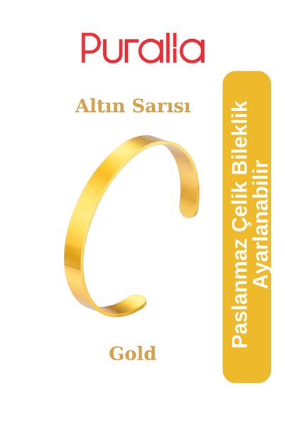 Puralia سوار فولاذي مسطح (بدون نقوش) باللون الأصفر الذهبي (ذهبي)
