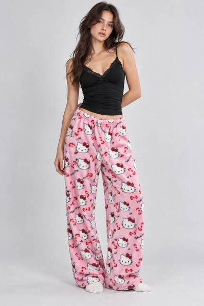 eyonnwear Character Printed Pink Women's Wide Leg Y2K Pajama Bottom Sweatpants