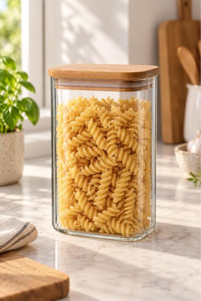 Atbyhome Bambu Kapaklı Dikdörtgen Borosilikat Cam Erzak Kavanozu 1050 ml - Vakumlu Makarna Ve Bakliyat Kabı