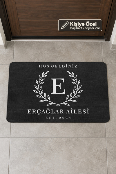Kişiye Özel Baş Harf ve Aile Soyadı Yazılı Kapı Önü Paspası Defne 45 × 70 cm