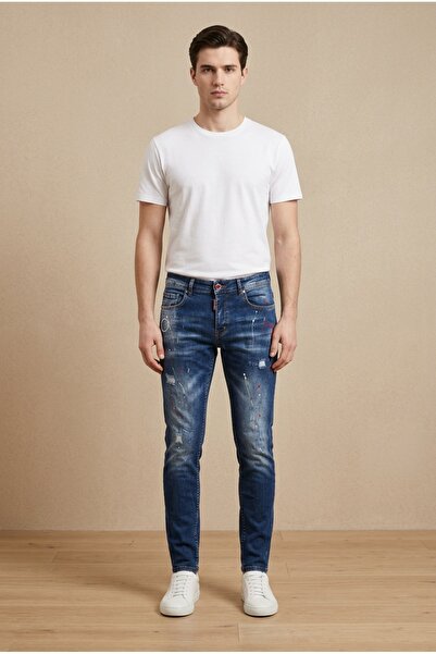 OEM Blugi barbati casual regular fit cu stropi multicolori si rupturi discret...