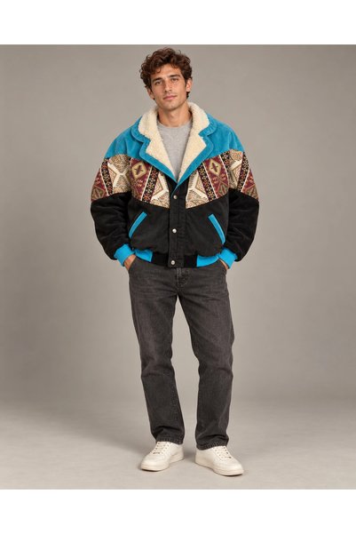 CANMODA (8104) Kürklü Yaka Vintage Desenli Patchwork Erkek Bomber Ceket - L/XL