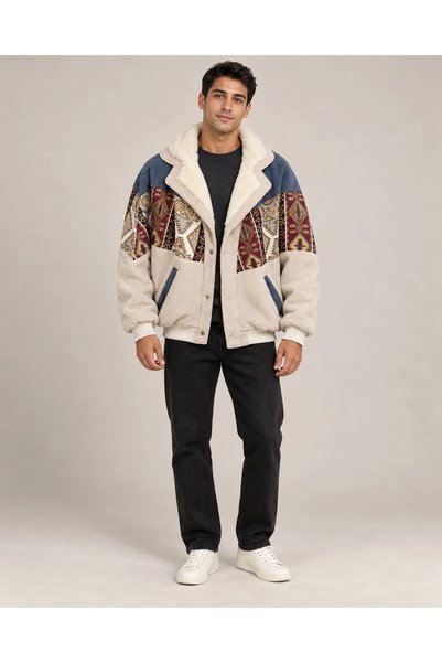CANMODA (8100) Fur Collar Vintage Patterned Patchwork Men's Bomber Jacket - L/Xl
