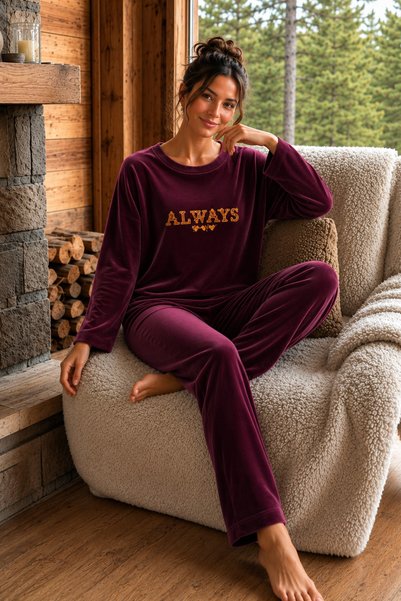 ELİTOL Velvet Fabric with Plum Print Detail, Crew Neck Women's Pajama Set
