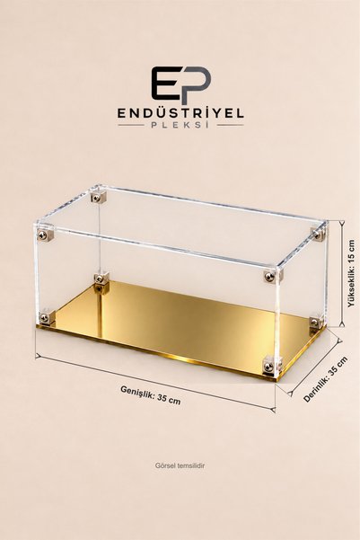 ep endustriyel pleksi 35x35x15 cm Dikdörtgen Şeffaf Pleksi Display Box Premium Ürün Sergileme Kutusu Gold Aynalı Taban