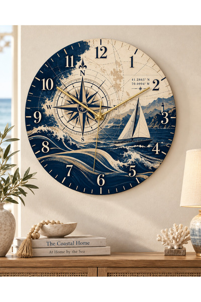 AA Shop Deniz Tekne Temalı 45 Cm Ahşap Sessiz Akar Mekanizmalı UV Baskılı Dekoratif Duvar Saati Hediyelik 1105