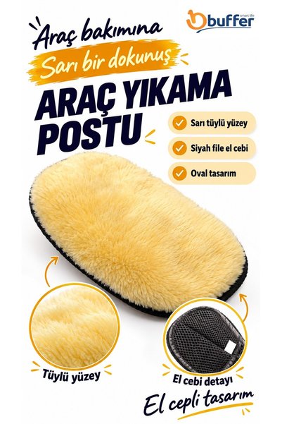 Buffer Sarı El Cepli Araç Yıkama ve Parlatma Postu, Siyah File Cepli Oval Oto Temizlik Eldiveni, Tüy