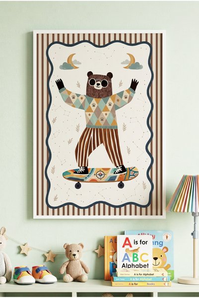 Zevahir Mobilya Dekorasyon 1 Piece White Wooden Framed Bear Riding a Hoverboa...