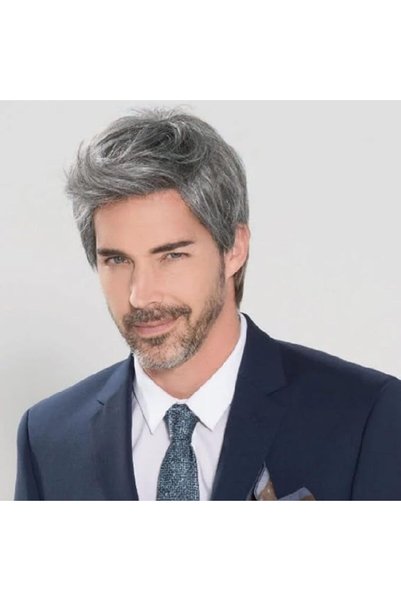 Generic Short Straight Male Wig Silver Gray Synthetic Wigs Side Part Heat Res...