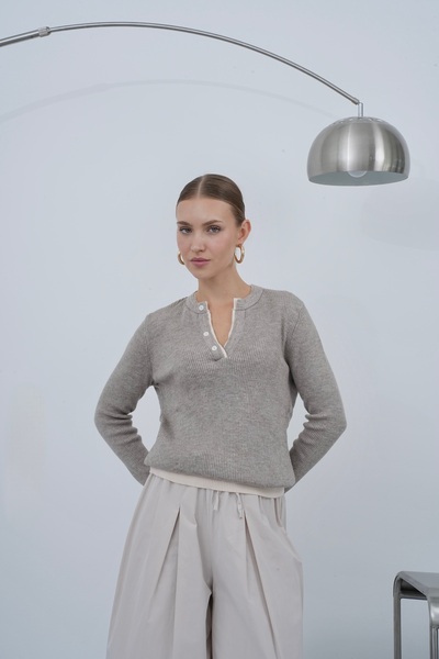 ZS Zey Studio Women's Mink Double Collar Detailed Buttoned Sweater