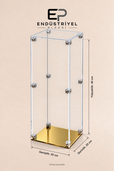 ep endustriyel pleksi 25x25x40 cm Dikey Şeffaf Pleksi Display Box Premium Vitrin Ürün Sergileme Kutusu Gold Aynalı Taban