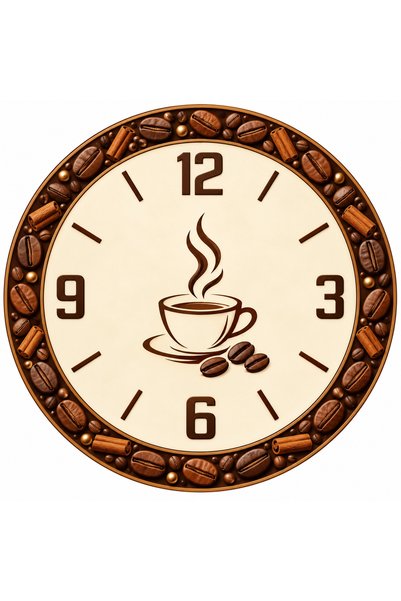 AA Shop Kahve Temalı 45 Cm Ahşap Sessiz Akar Mekanizmalı UV Baskılı Dekoratif Duvar Saati Hediyelik 1104