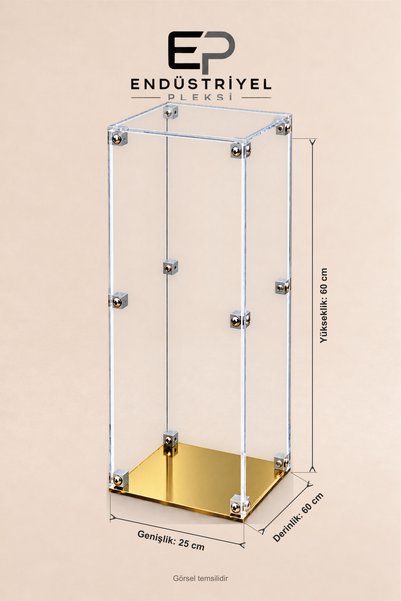 ep endustriyel pleksi 25x60x60 cm Dikey Şeffaf Pleksi Display Box Premium Vitrin Ürün Sergileme Kutusu Gold Aynalı Taban