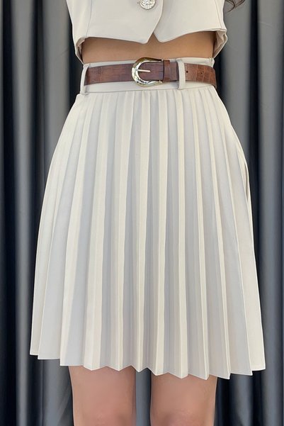 Gökkuşağı Belted Pleated Skirt-Beige Beige