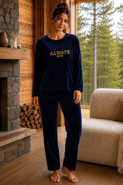 ELİTOL Velvet Fabric Navy Blue Print Detailed Crew Neck Women's Pajama Set