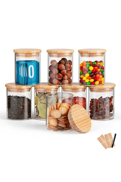 GENERAL 12oz Glass Jars with Bamboo Lids and Labels,8 Pcs Airtight Borosilica...