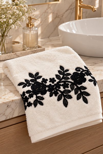 siyah gül nakışlı 50*90 tasarım ekru havlu