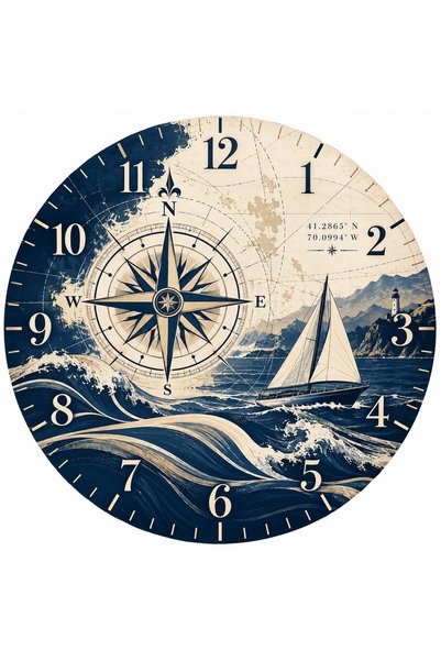 AA Shop Deniz Tekne Temalı 45 Cm Ahşap Sessiz Akar Mekanizmalı UV Baskılı Dekoratif Duvar Saati Hediyelik 1105