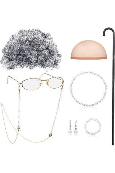 KOWVOWZ Old Lady Cosplay Set, Granny Wig, walking cane Glasses Chain Cords Fa...