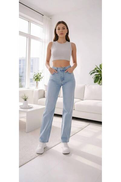Julia 90's Kar Yıkama Mavi Likralı Süper Yüksek Bel Salaş Jeans Palazzo Pantolon
