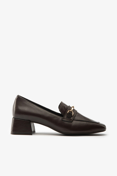 SAYL Brown Genuine Leather Buckle-Strapped Thick Heeled Women's Loafer Shoes