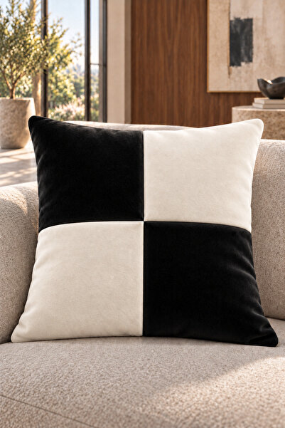 İki Renkli Patchwork/Dama - Kaliteli Kadife Kırlent Kılıfı 42×42 cm|Siyah-Ekru
