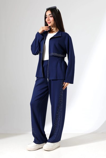 Bİ.GİYSEN Women's Navy Blue Zippered Crystal Stone Double Tracksuit Set
