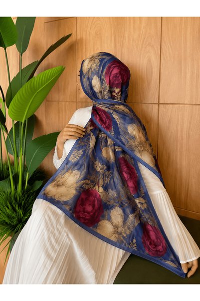 Hepsi Moda Modal Silk Rose Pattern Shawl - Indigo