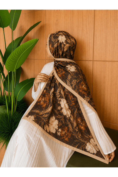 Hepsi Moda Modal Silk Rose Pattern Shawl - Tile & Olive Green