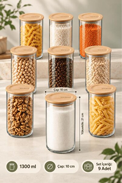 Atbyhome Bambum Duo 9'lu Bambu Kapaklı Cam Erzak Kavanozu Seti 1300 ml - Vakumlu Kiler Bakliyat Ve Baharat Saklama Kabı
