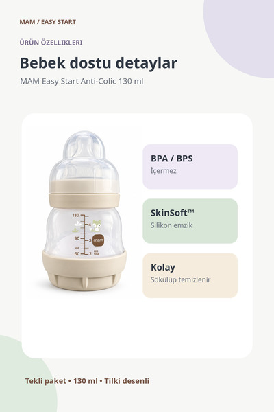 MAM Easy Start Anti-Colic 130 ml Yenidoğan Biberon 0+ Ay, Ekstra Yavaş Akışlı