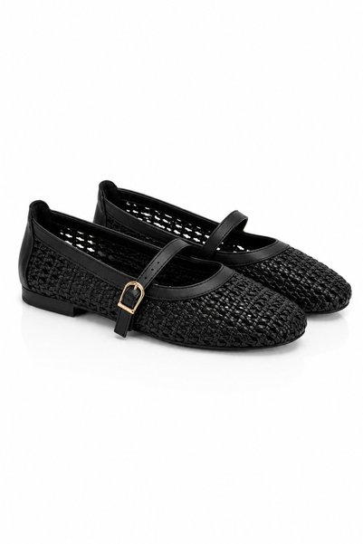 Sira Official Alira Black Gold Buckle Detailed Knitted Ballerinas
