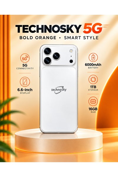 Technosky هاتف ذكي تكنو سكاي 5G بشاشة عريضة 6.6 بوصة (NFC) باللون البرتقالي