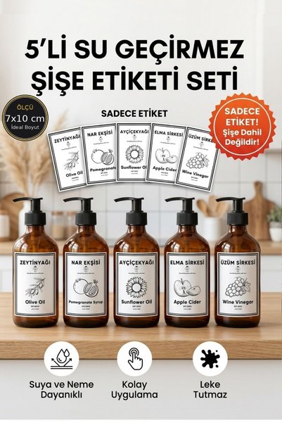 EA Home Concept 5'li Yağdanlık & Şişe Etiketi Seti 7x10 cm - Zeytinyağı Ayçiç...