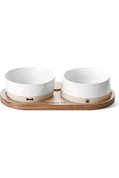 Leaflai LE TAUCI PET Dog and Cat Bowl Set with Acacia Wood Tray - 2 Cup Ceram...