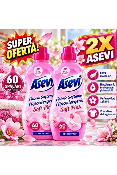 ASEVI Комплект от 2 броя омекотител за тъкани Soft Pink, концентриран, хипоал...