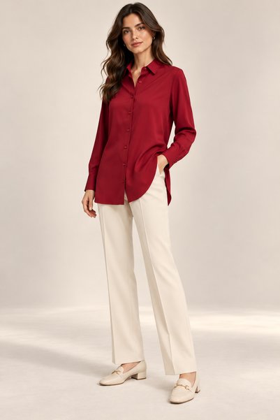 Nuevo Women's Burgundy Long Sleeve Buttoned Classic Collar Relaxed Fit Casual and Stylish Shirt -