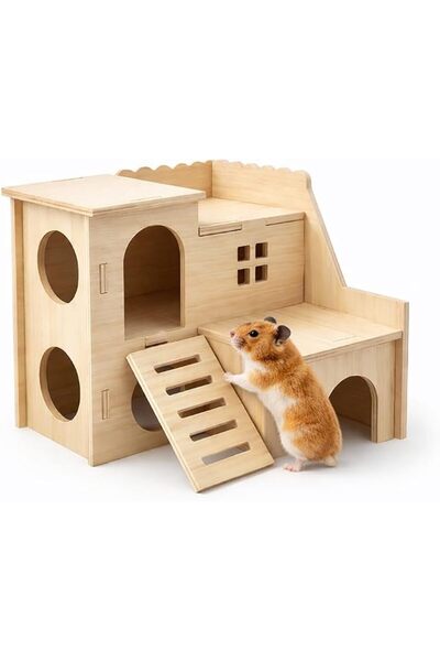 TERRIFI Wooden Hamster Maze House, Double Decker Hideout with Fun Slide, Smal...