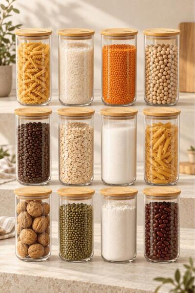 Atbyhome Bambum Duo 12'li Bambu Kapaklı Cam Erzak Kavanozu Seti 1300 ml - Vakumlu Kiler Bakliyat Ve Baharat Saklama Kabı