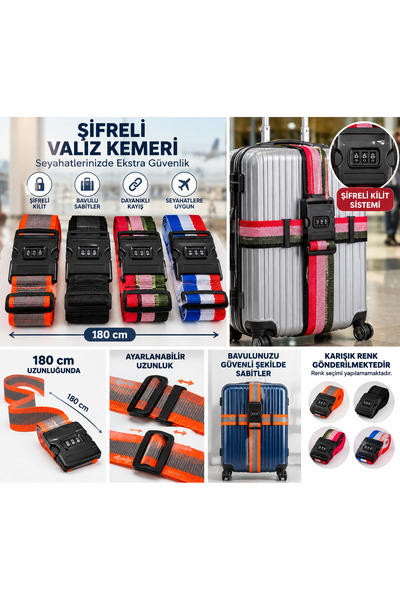 ARVALE 180 cm Şifreli Valiz Kemeri – 3 Haneli Kilitli Ayarlanabilir Bavul Emn...